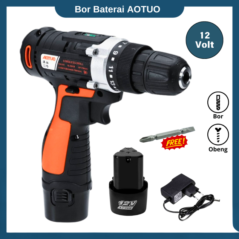 Bor baterai 12 Volt AOTUO Bor obeng cas 2 baterai Bor baterai 12 Volt AOTUO Bor obeng cas 2 baterai
