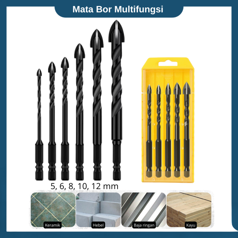 Mata Bor Cross Hex Set 5PCS 5-12 MM Untuk Kaca Granit Ubin Multifungsi Mata Bor Cross Hex Set 5PCS 5-12 MM Untuk Kaca Granit Ubin Multifungsi