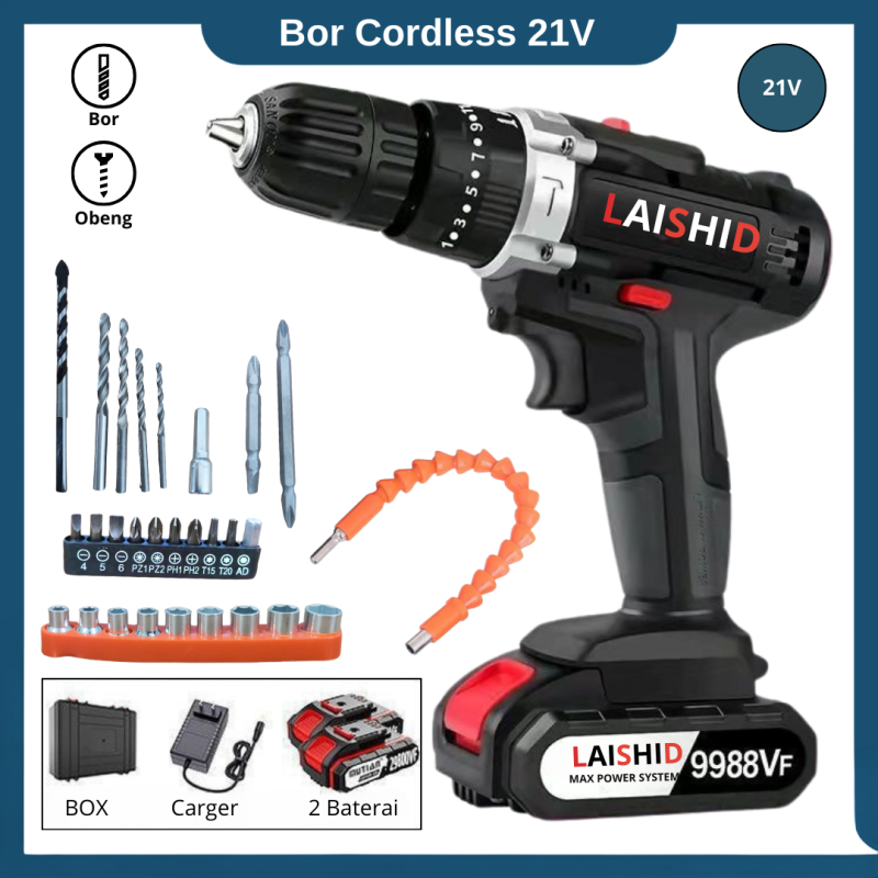 Bor Baterai 21 volt Lengkap Mesin Bor Portable obeng drill lengkap koper Bor Baterai 21 volt Lengkap Mesin Bor Portable obeng drill lengkap koper