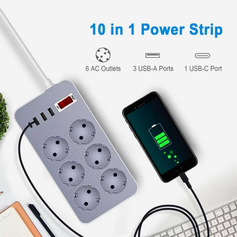 Stop Kontak Listrik USB Serbaguna 6 Lubang Colokan Listrik 3 USB Port 1 Tipe C 2.1A Kabel 180cm Stop Kontak Listrik USB Serbaguna 6 Lubang Colokan Listrik 3 USB Port 1 Tipe C 2.1A Kabel 180cm