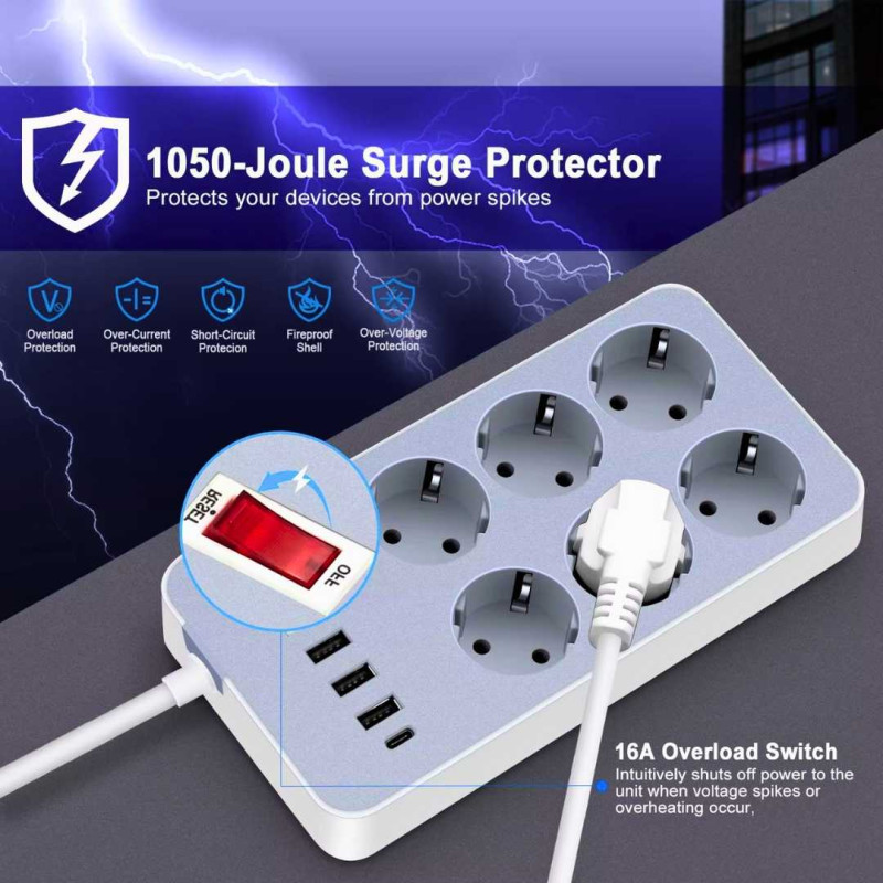 Stop Kontak Listrik USB Serbaguna 6 Lubang Colokan Listrik 3 USB Port 1 Tipe C 2.1A Kabel 180cm Stop Kontak Listrik USB Serbaguna 6 Lubang Colokan Listrik 3 USB Port 1 Tipe C 2.1A Kabel 180cm