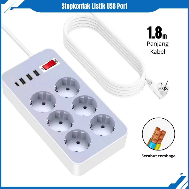 Stop Kontak Listrik USB Serbaguna 6 Lubang Colokan Listrik 3 USB Port 1 Tipe C 2.1A Kabel 180cm Stop Kontak Listrik USB Serbaguna 6 Lubang Colokan Listrik 3 USB Port 1 Tipe C 2.1A Kabel 180cm