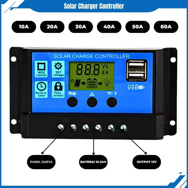 Solar Charger Controller 10A 20A dan 30A 40A 50A 60A LCD LED Display Solar Cell PWM 12V-24V Dual USB Solar Charger Controller 10A 20A dan 30A 40A 50A 60A LCD LED Display Solar Cell PWM 12V-24V Dual USB