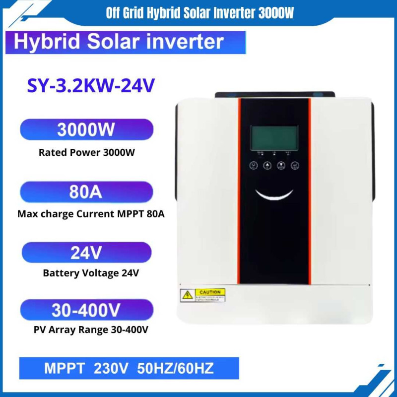 Inverter Hybrid 24V 3200VA 3000W Solar Charger Inverter MPPT SCC AC Charger 80A Inverter Hybrid 24V 3200VA 3000W Solar Charger Inverter MPPT SCC AC Charger 80A