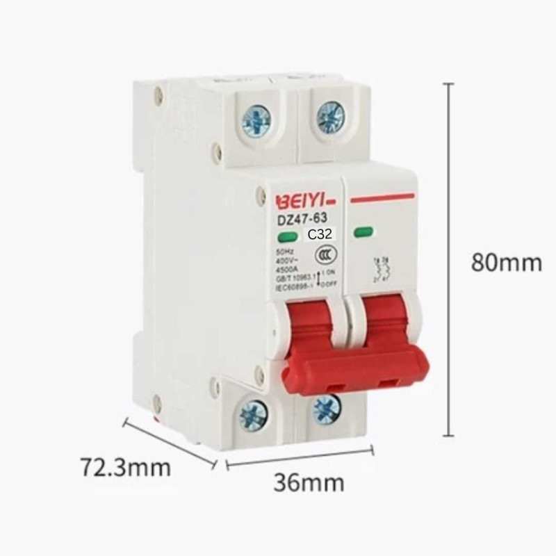 MCB DC 2P 500V 32A BEIYI DZ47-63DC 4500A Circuit Breaker Solar Panel PV MCB DC 2P 500V 32A BEIYI DZ47-63DC 4500A Circuit Breaker Solar Panel PV