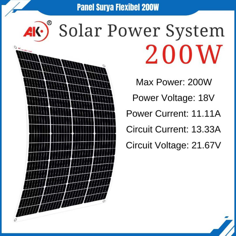 AK Panel Surya 200W Flexible Solar Panel Monocrystaline IP67 Anti Air Dapat Melengkung 258° Untuk Atap Mobil Van RV