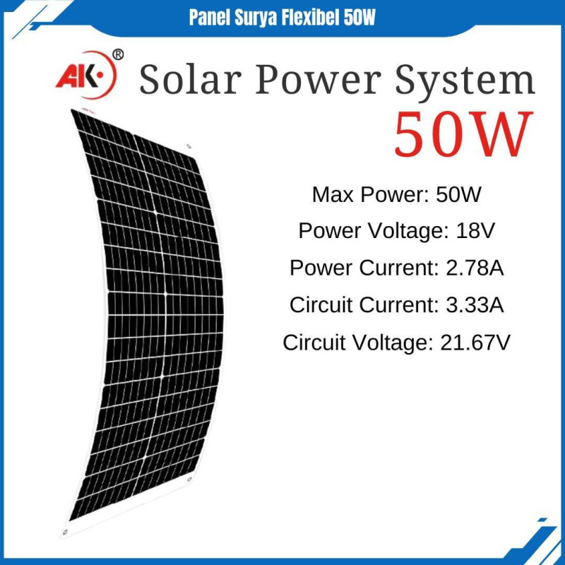 AK Panel Surya Flexible 50W Solar Panel Monocrystaline IP67 Anti Air Dapat Melengkung 258° Untuk Atap Mobil Van RV