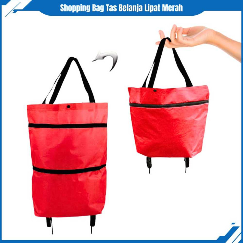 Tas Belanja Lipat Troli Roda Serbaguna Merah Tas Belanja Lipat Troli Roda Serbaguna Merah