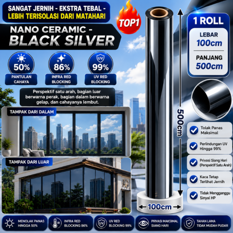 Kaca Film Satu Arah 100cm*500cm - Black Silver