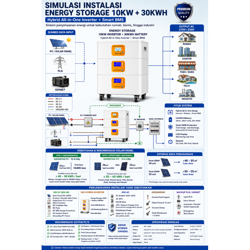 Penyimpanan Energi Inverter 10KW + Baterai 30KWH