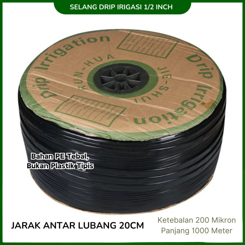 Selang Irigasi Tetes PE 1/2 inch - 2 Lubang/20cm - Ketebalan 0,2mm - 1000m/Roll