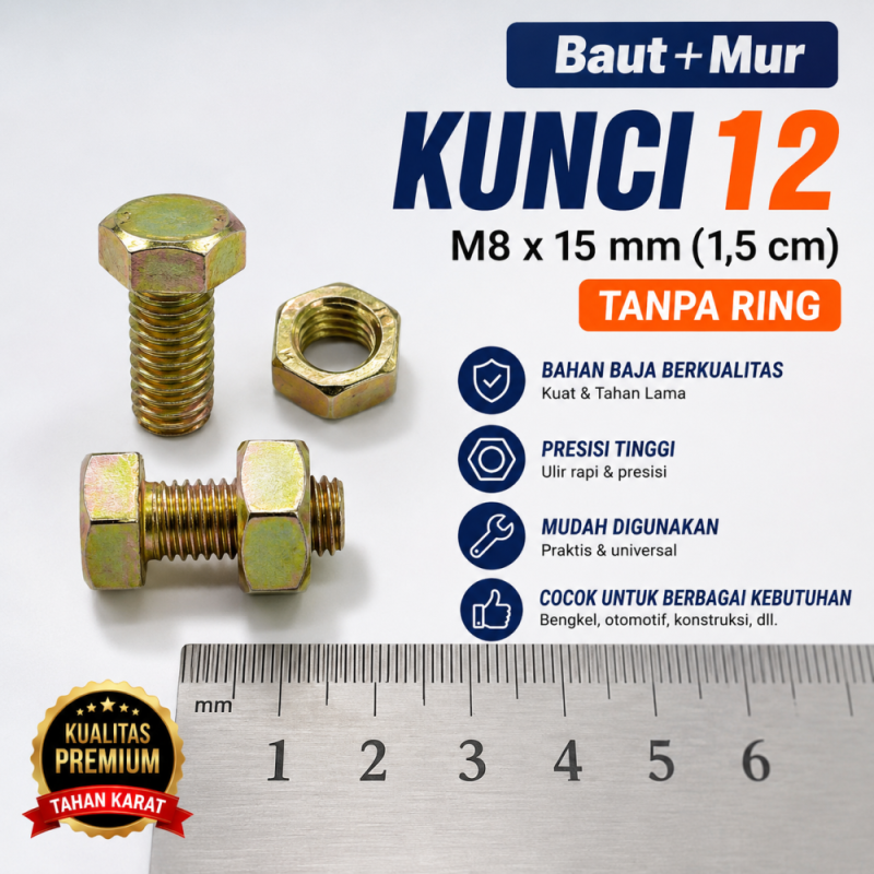 Baut Mur Kuning, Ukuran M8 Kunci 12