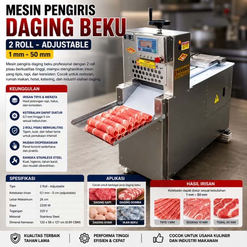 Mesin Pengiris Daging Beku 2 Roll - Adjustable 1mm - 50mm