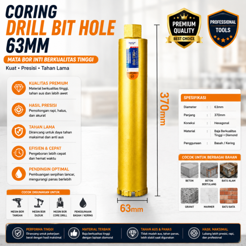 Coring drill bit hole 63mm