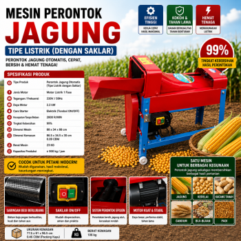 Mesin Perontok Jagung Otomatis Listrik 2200W dengan Saklar ON/OFF