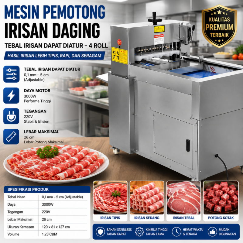 Mesin Pemotong Irisan Daging Otomatis – Adjustable 4 Roll