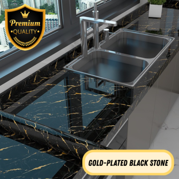 Stiker Meja Dapur 80cm*300cm - Gold Plated Black Stone