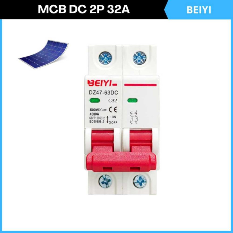 MCB DC 2P 500V 32A BEIYI DZ47-63DC 4500A Circuit Breaker Solar Panel PV