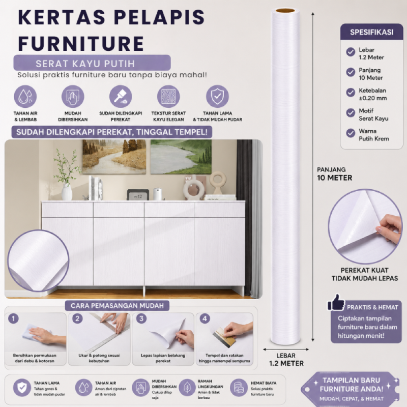 Kertas Sticker Furniture PVC - Serat Kayu Putih (1.2m*10m)