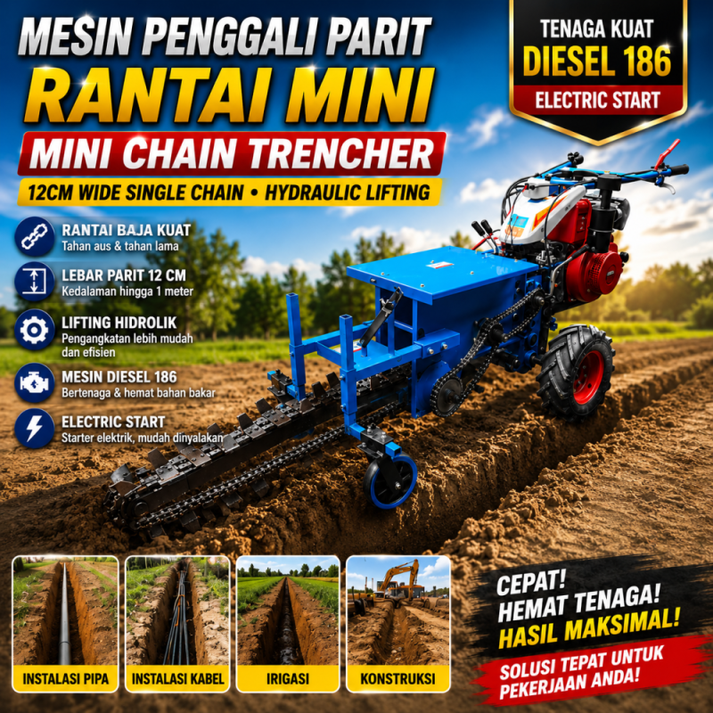 Mesin Penggali Parit Rantai Mini | Electric Start