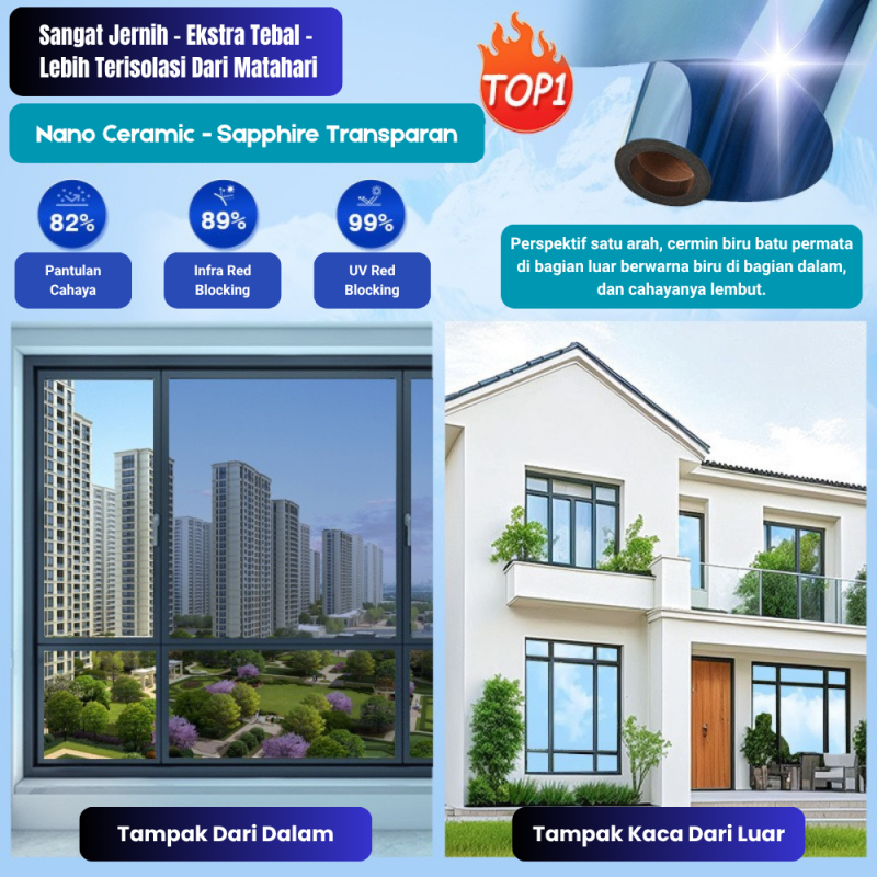 Kaca Film Satu Arah -  Sapphire Transparent - 100cm*500cm*0.08mm