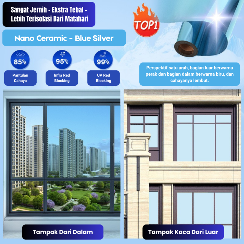 Kaca Film Satu Arah - Blue Silver - 100cm*500cm*0.08mm Kaca Film Satu Arah - Blue Silver - 100cm*500cm*0.08mm