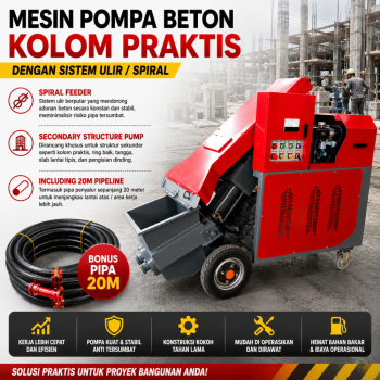 Mesin Pompa Beton Kolom Praktis Sistem Ulir (Spiral Feeder) | Secondary Structure Pump + Bonus Pipa Penyalur 20 Meter