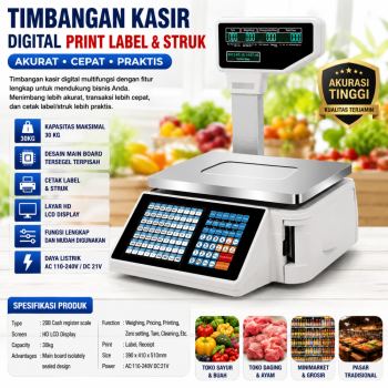 Timbangan Kasir Digital Print Label & Struk 30Kg | Skala Mesin Kasir 20B