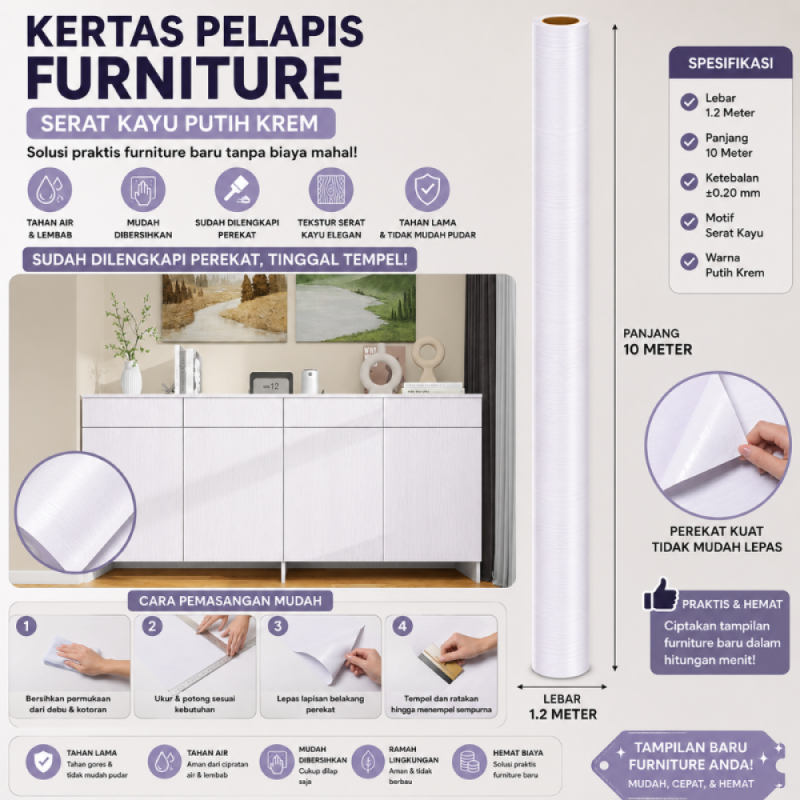 Kertas Sticker Furniture PVC - Serat Kayu Putih (1.2m*10m)