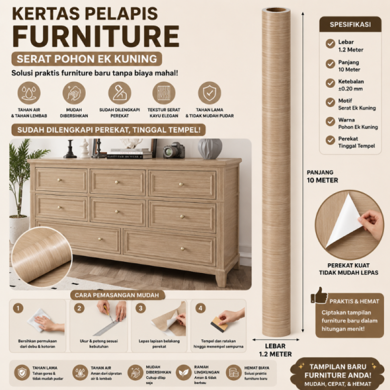 Kertas Sticker Furniture PVC - Serat Pohon Ek Kuning (1.2m*10m)