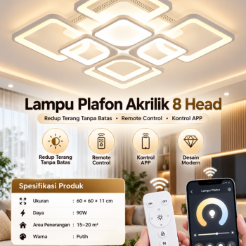 Lampu plafon akrilik 8 head remote control & Kontrol APP - cahaya putih 90W