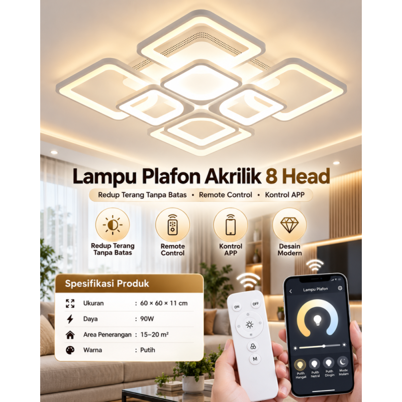 Lampu plafon akrilik 8 head remote control & Kontrol APP - cahaya putih 90W