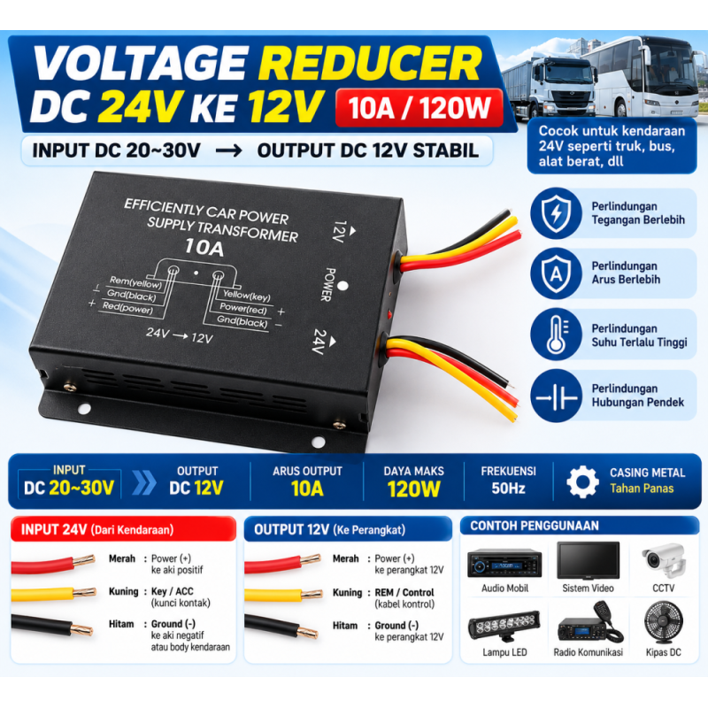 Pengurang Tegangan DC 24 V ke 12 V 10A/ 120W