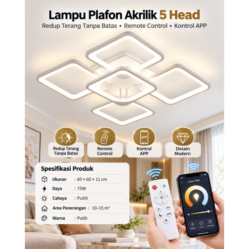 Lampu plafon akrilik 5 head  remote control & Kontrol APP - cahaya putih  75W 