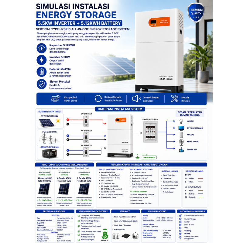 Penyimpanan Energi Inverter 5,5KW + Baterai 5KWH