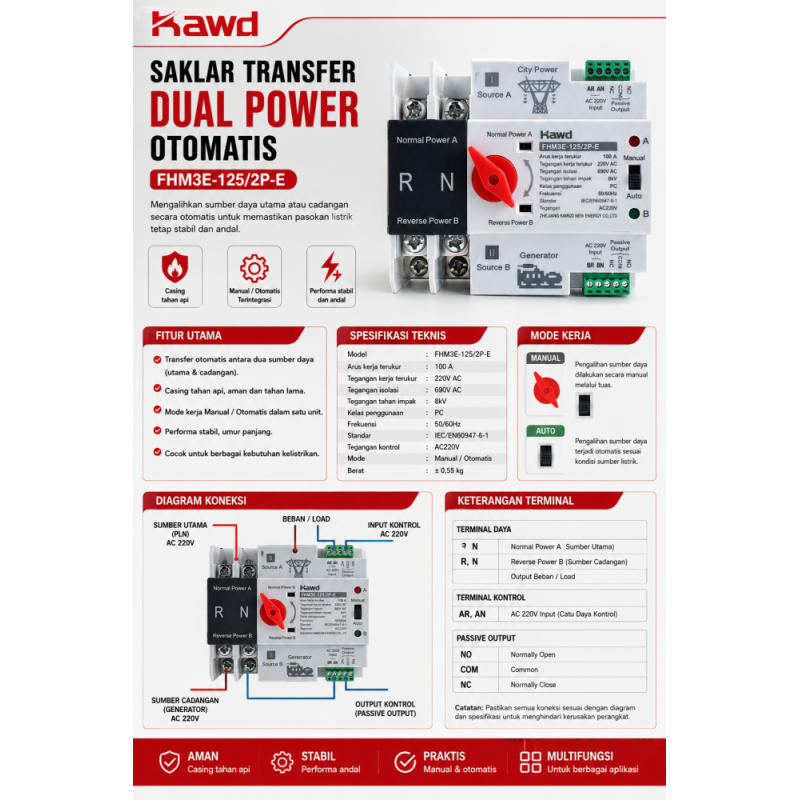 Sakelar Transfer Kontrol Otomatis Catu Daya Rel DIN ATS 2P 100A