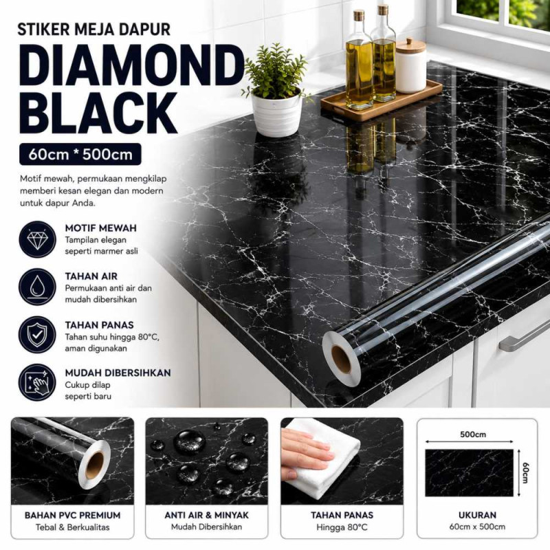 Stiker Meja Dapur 60cm*500cm - Diamond black