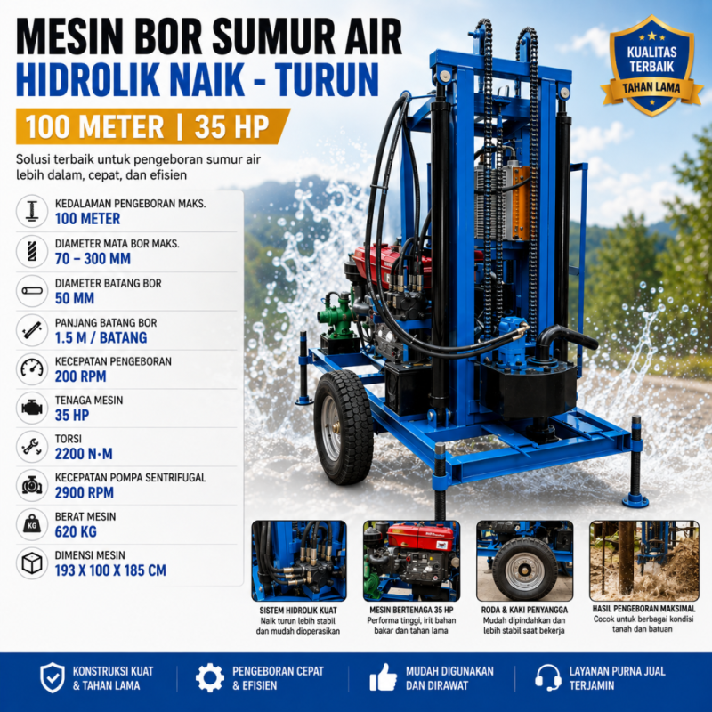100 Meter Hydraulic Water Well Drilling Rig – 35 HP