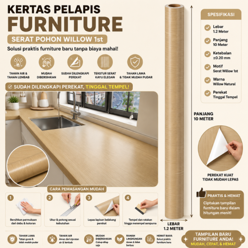 Kertas Sticker Furniture PVC - Serat Kayu Willow 1st