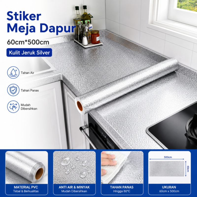 Stiker Meja Dapur 60cm*500cm - Kulit Jeruk Silver