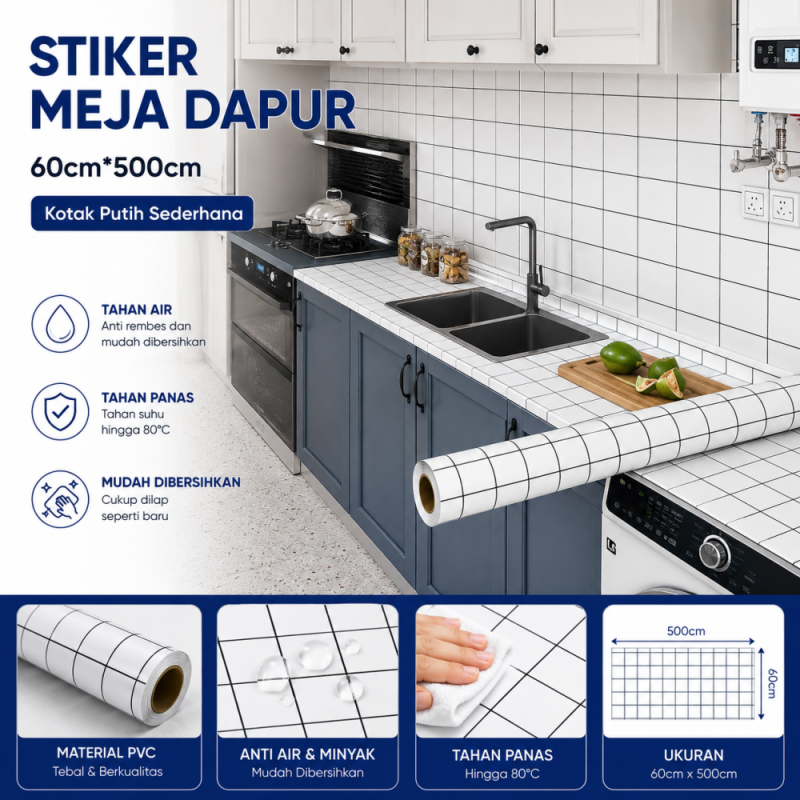 Stiker Meja Dapur 60cm*500cm - Kotak Putih Sederhana