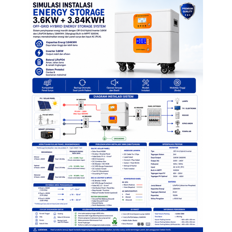 Penyimpanan Energi Inverter 3,6KW + Baterai 3,84KWH