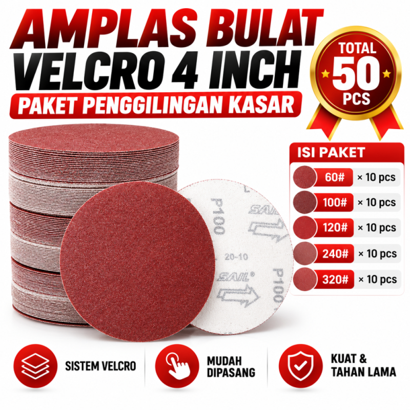 Amplas Bulat Velcro 4 Inch  - Paket Penggilinggan kasar -  Total 50pcs