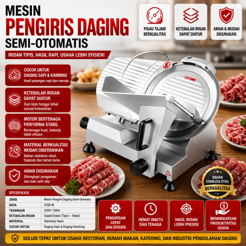 Mesin Pengiris Daging Semi Otomatis | Alat Pengiris Daging Stainless Steel 220 mm