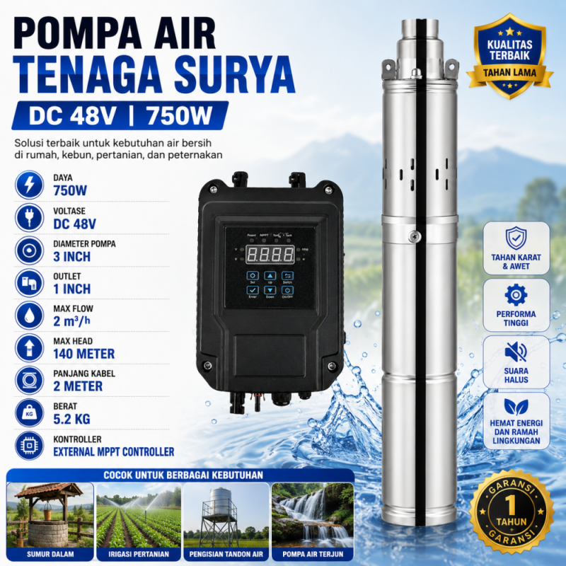 Pompa Celup 3 Inci DC 48V/72V 140 Meter + Controller