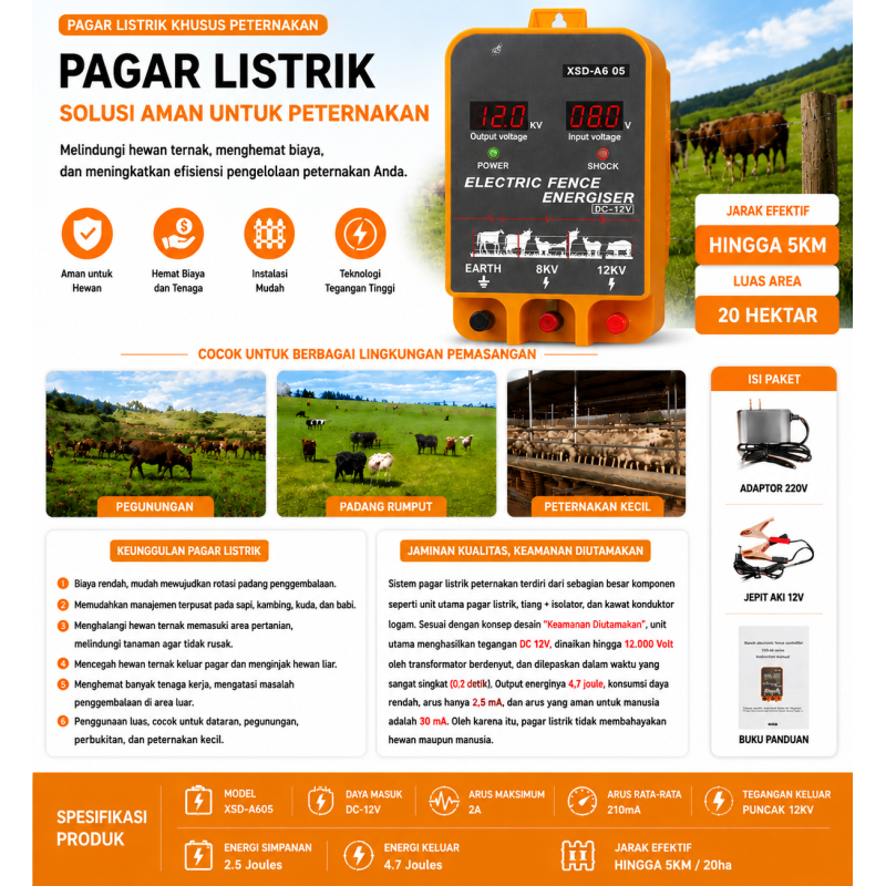 Pemancar Arus Pagar Listrik Ternak/Kebun -  XSD-A6+05 - 2,5 Joule