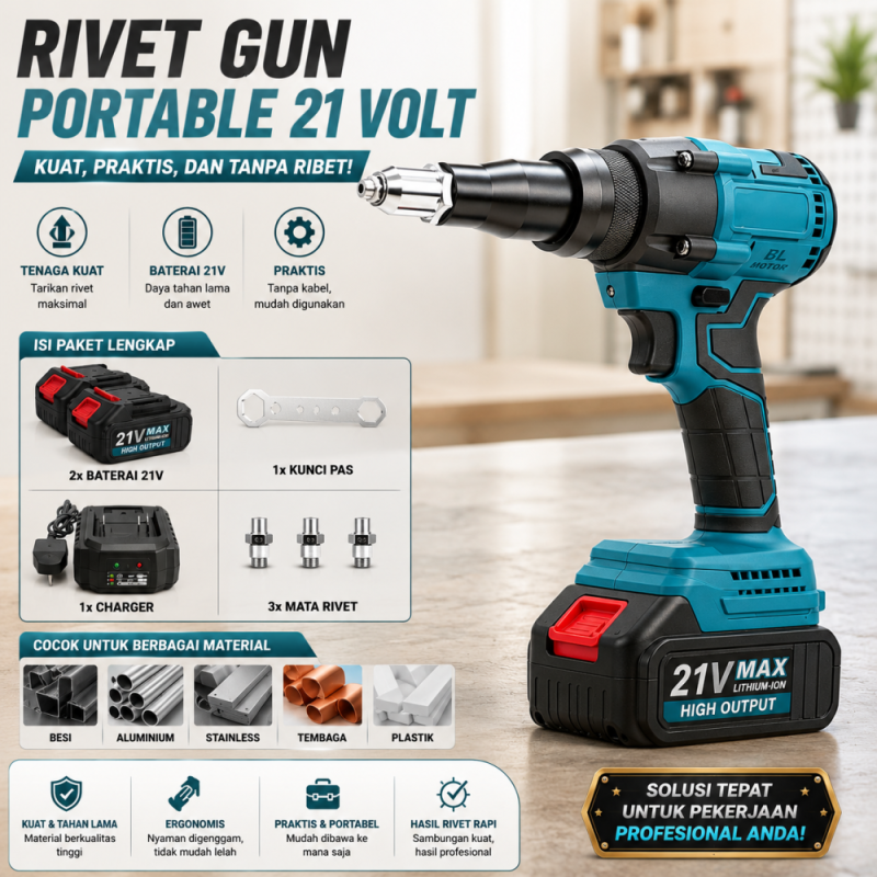 Paku Rivet - Rifet Gun Portable - DC 21 volt (Rechargeable)