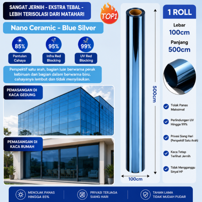 Kaca Film Satu Arah 100cm*500cm - Biru Silver
