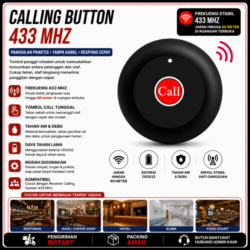 Tombol Panggil - Calling System 433 MHz (Hitam)