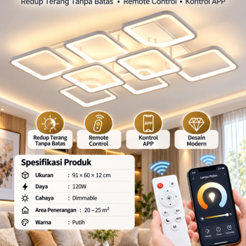 Lampu plafon akrilik 8 head remote control & Kontrol APP - cahaya putih 120W